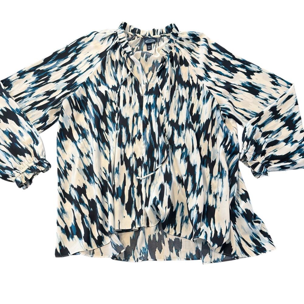 Scoop blouse, silk-like, blue white abstract, full sleeves, ruffle split neck L